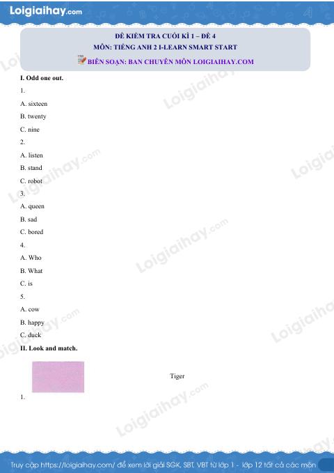 Đề thi học kì 1 Tiếng Anh 2 iLearn Smart Start - Đề số 4